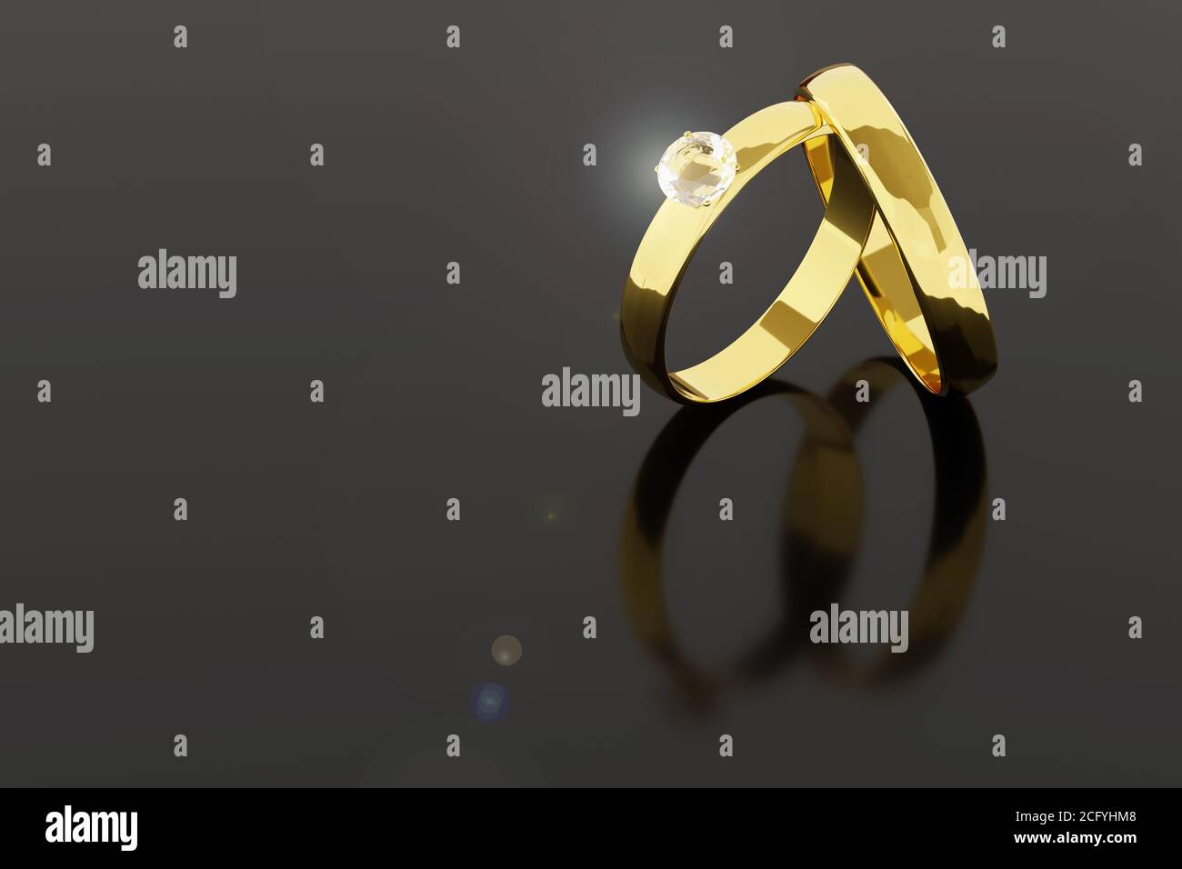 Paar goldene und diamantene Eheringe isoliert auf dunklem Hintergrund. 3d-Illustration. Stockfoto