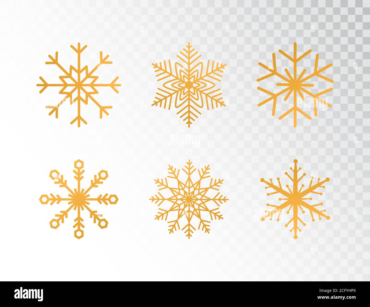 Goldene Schneeflocken auf transparentem Hintergrund. Frohe Weihnachten und ein glückliches neues Jahr Grußkarte mit Glitzer Gold Schneeflocken. Luxuriöses Urlaubsdesign Stock Vektor