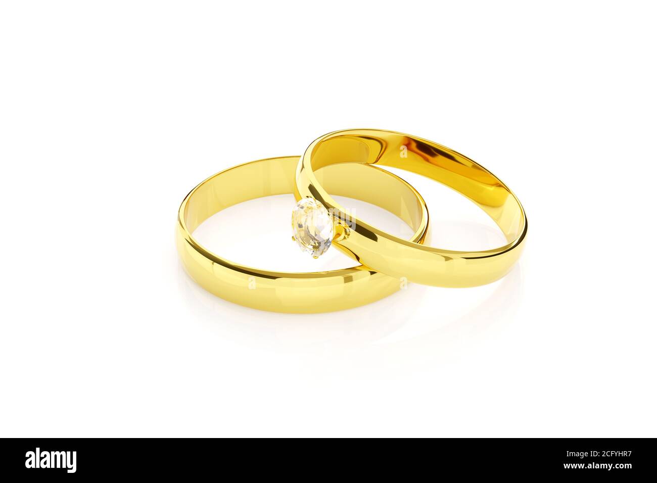 Paar goldene und diamantene Eheringe isoliert auf weißem Hintergrund. 3d-Illustration. Stockfoto