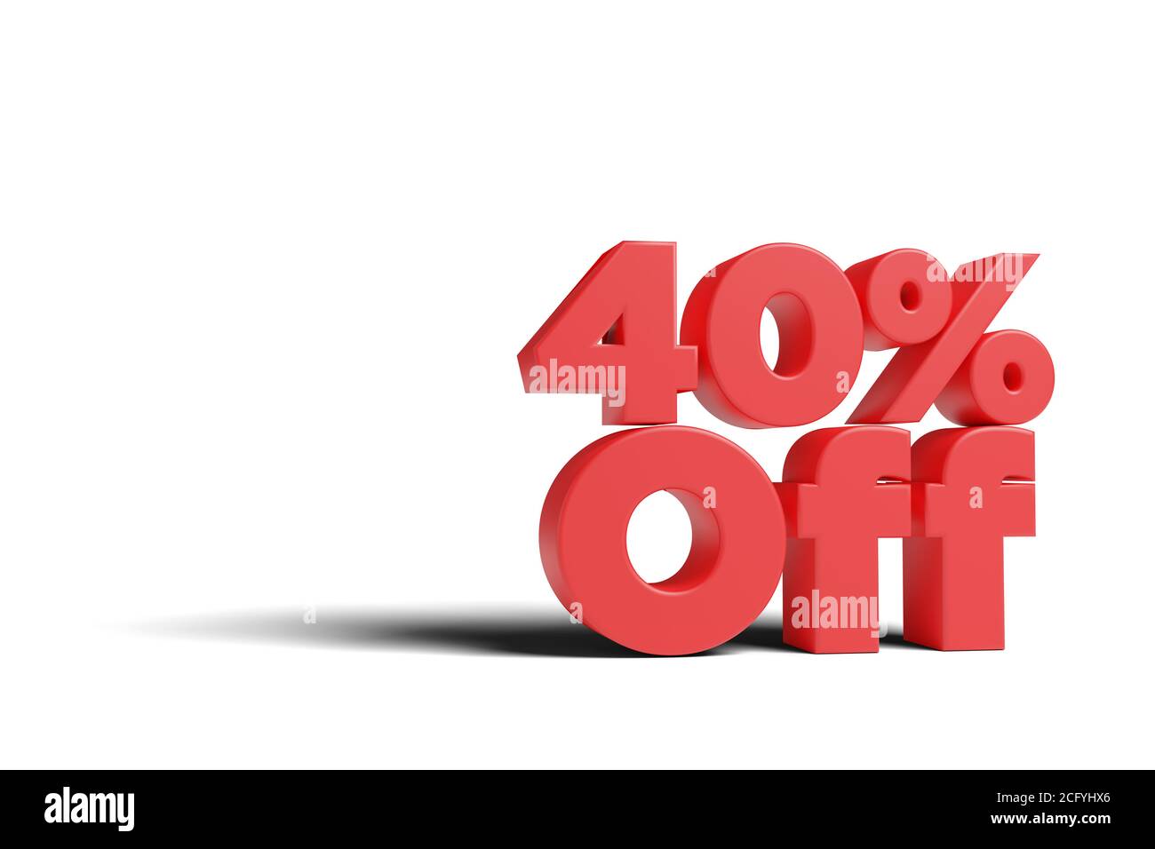 Text '40 % Rabatt' in 3 Dimensionen auf weißem Hintergrund. 3d-Illustration. Stockfoto