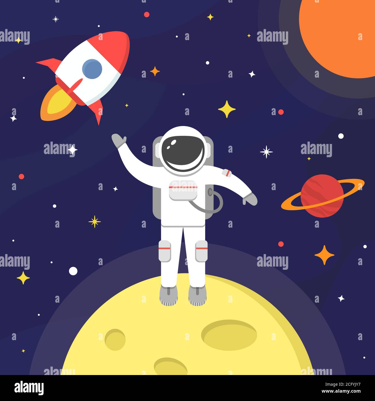 Astronaut im Weltraum. Spaceman isoliert auf schwarzem Hintergrund. Raumanzug, Mond, Raumschiff, Sonne, Planet, Sterne Konzept. Vektorgrafik in flacher Form Stock Vektor