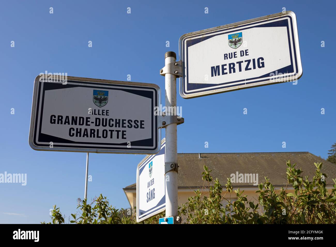 Europa, Luxemburg, Colmar-Berg, Straßenschild an der Kreuzung Rue de Mertzig und Allee Grande-Duchesse Charlotte Stockfoto