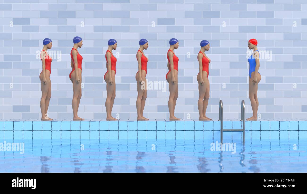 Ein Team von Frauen steht am Rande der Pool Stockfoto