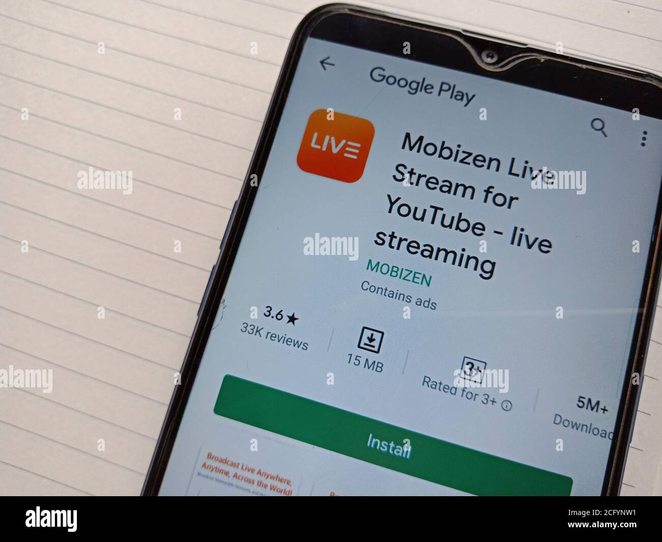 BEZIRK KATNI, INDIEN - 04. MAI 2020: Mobizen Live-Stream für Sie Rohr Live-Streaming-Anwendung Software auf Smartphone-Bildschirm isoliert angezeigt. Stockfoto