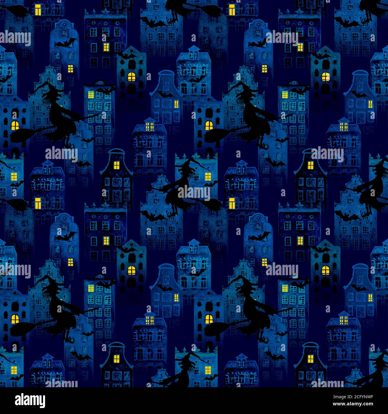 Halloween Nacht Stadt Grunge nahtlose Muster mit Aquarell europäischen amsterdam Stil Häuser, schwarze Silhouetten von Hexen fliegen auf Besen, Fledermäuse. Halle Stockfoto