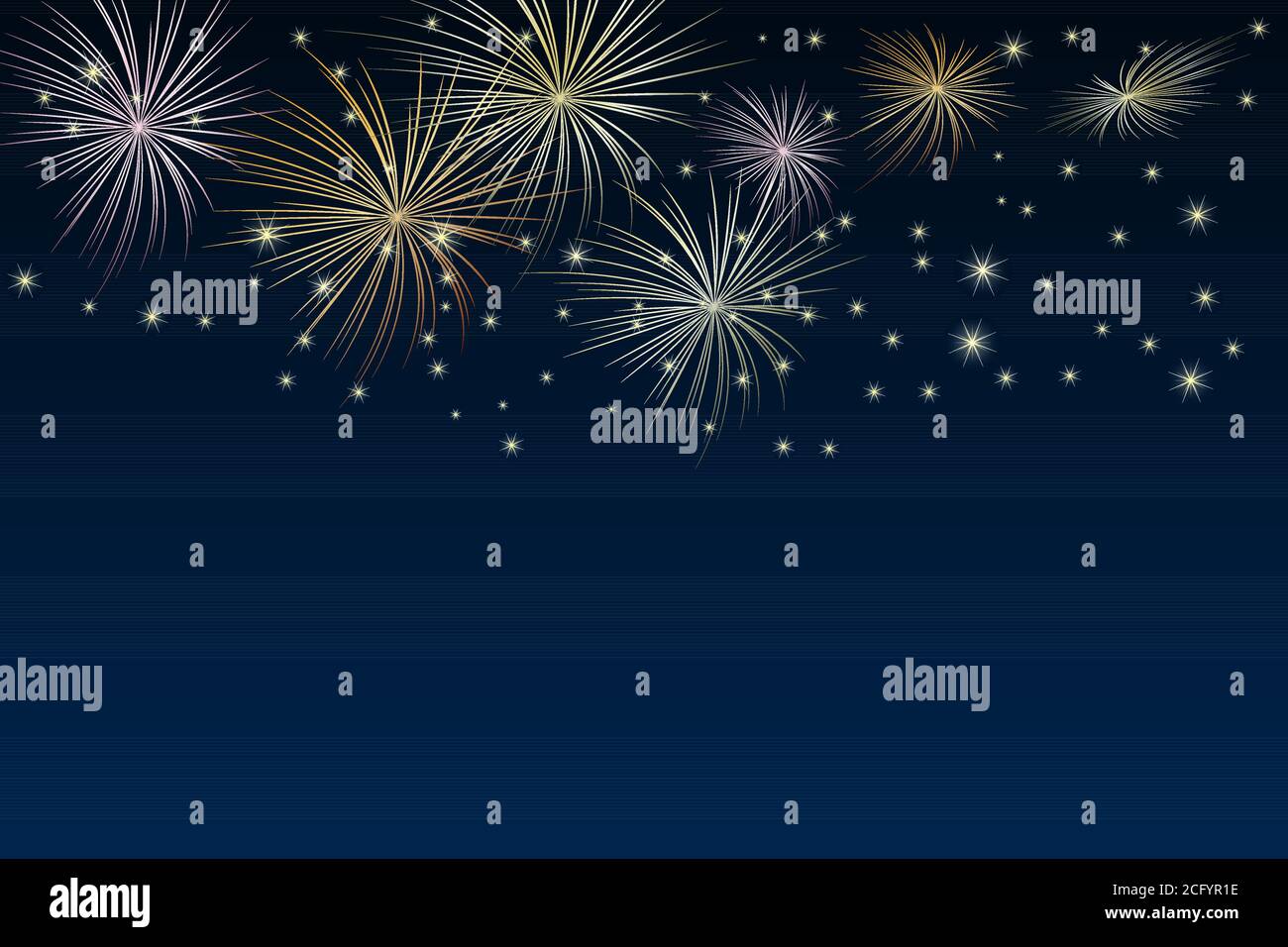 Feuerwerk in leuchtigem Gold und Sterne im Hintergrund der Dämmerung. Festival oder Urlaub Feuerwerk Banner mit Kopierplatz. Tag der Unabhängigkeit. Vektorgrafik Stock Vektor