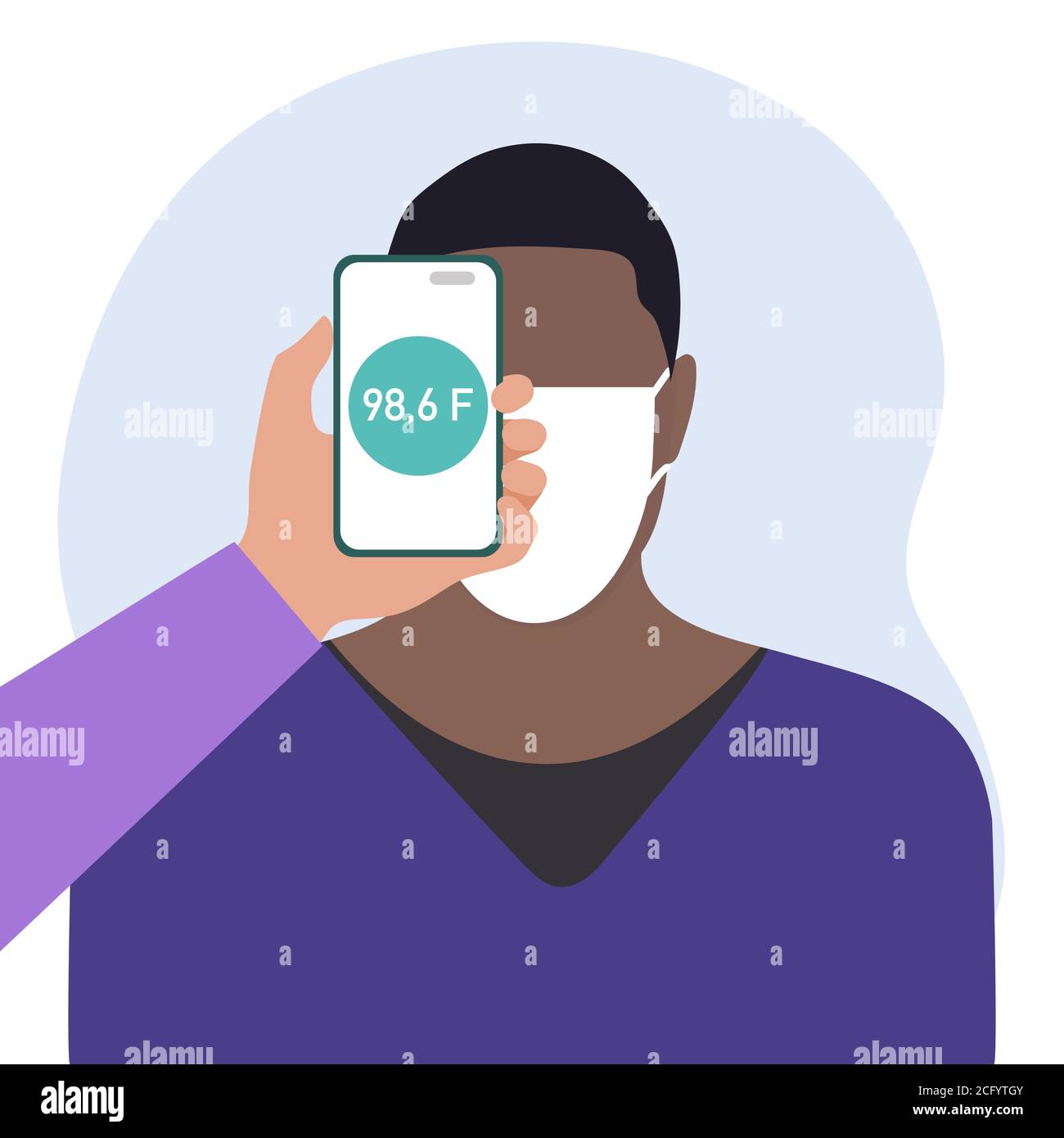 Vektor-Illustration Telefon auf der Stirn der Person platziert fernab misst Temperatur. Neue Technologie. Neue normale. Messung der menschlichen Körpertemperatur Stock Vektor