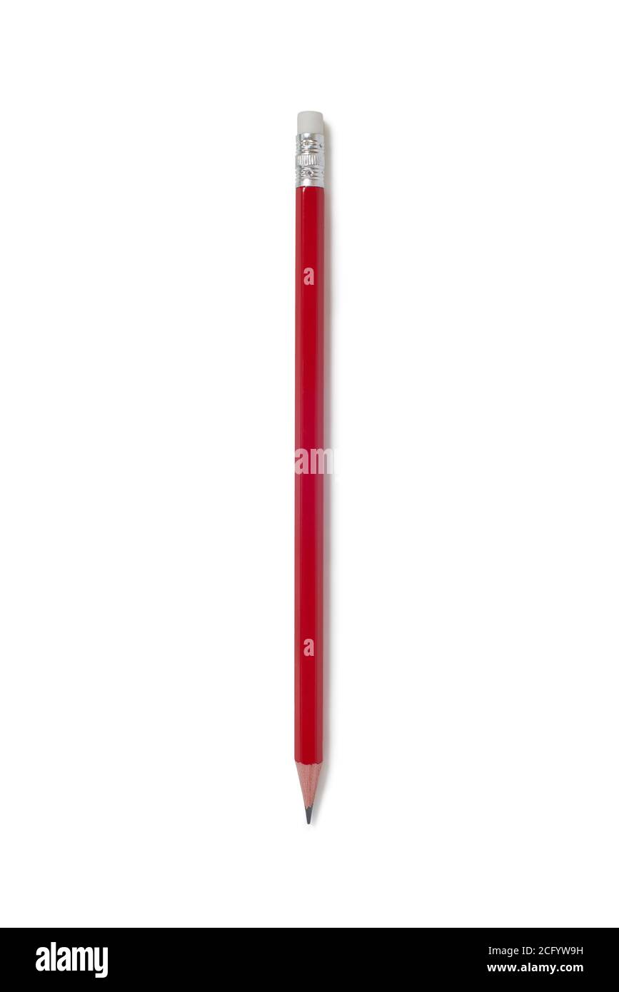 Overhead-Ansicht des roten Bleistifts mit Radierer auf weißem Hintergrund Stockfoto
