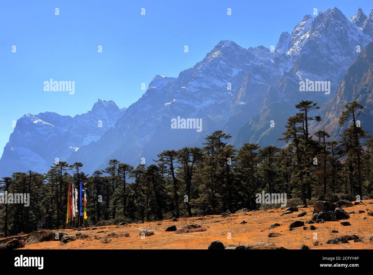 Tibetische Gebetsfahnen wehen mit dem Wind und hohem Berg Bereiche im Hintergrund beleuchtet mit Sonne am Tal der Blumen in Sikkim Indien Stockfoto