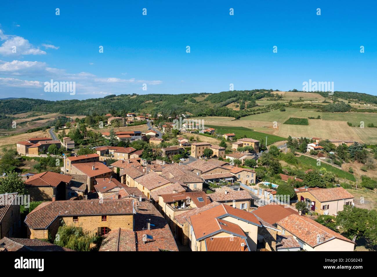Frankreich, Rhone, Beaujolais, Pierre Dorees, Oingt, beschriftet Les Plus Beaux Villages de France (die schönsten Dörfer Frankreichs) Stockfoto