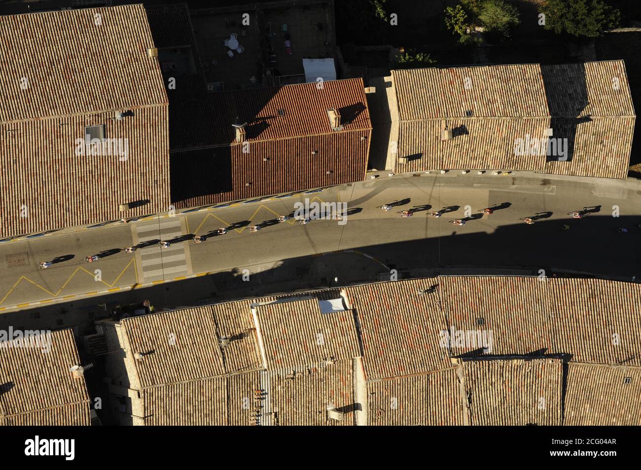 Frankreich, Drome, DR?me Proven?ale, Passage der Tour de France Amateure in Les Pilles (Luftaufnahme) Stockfoto
