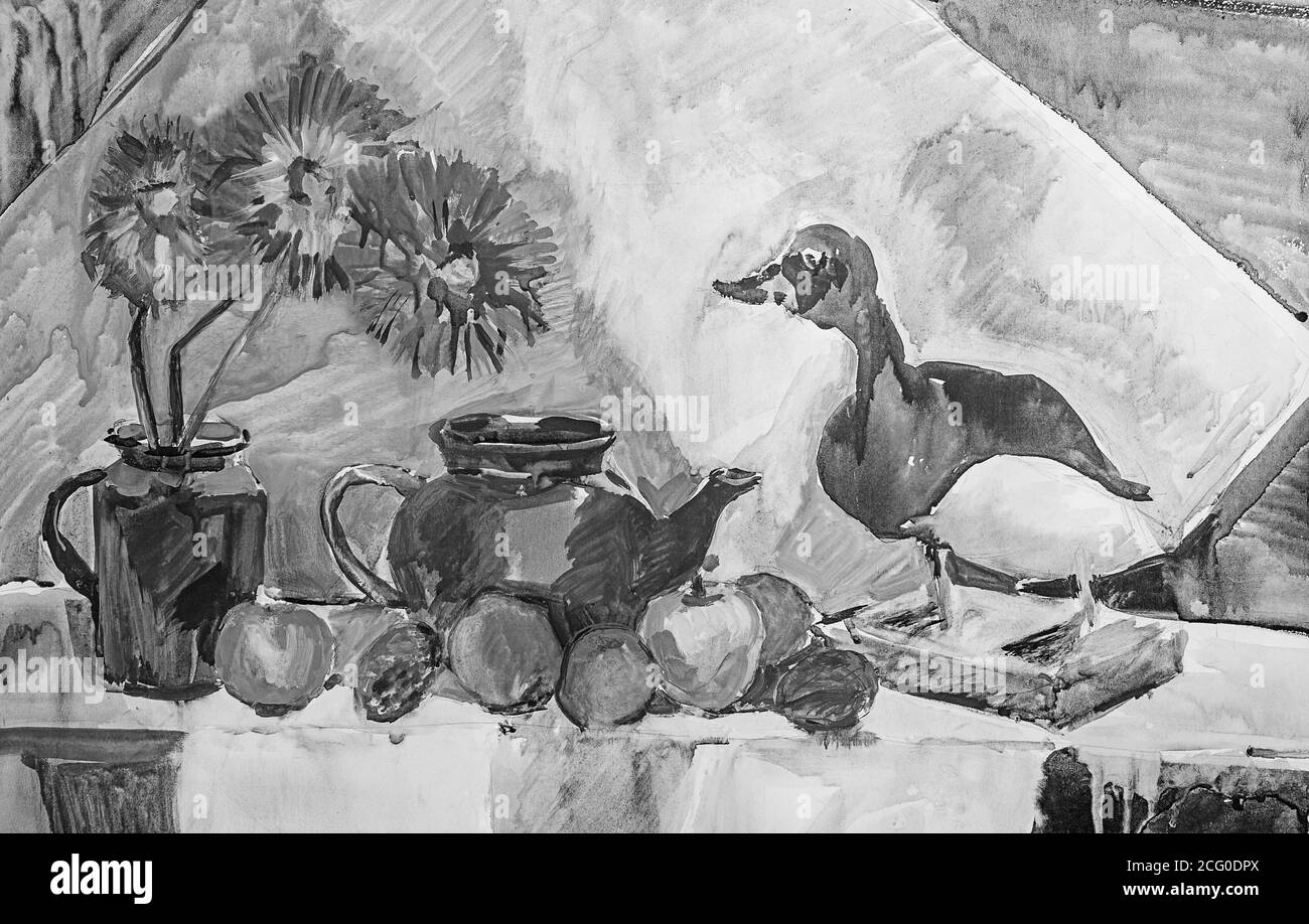 Stillleben Komposition Illustration mit einer Teekanne, Blumen, Früchte und gefüllte Ente. Schwarz und Weiß Stockfoto