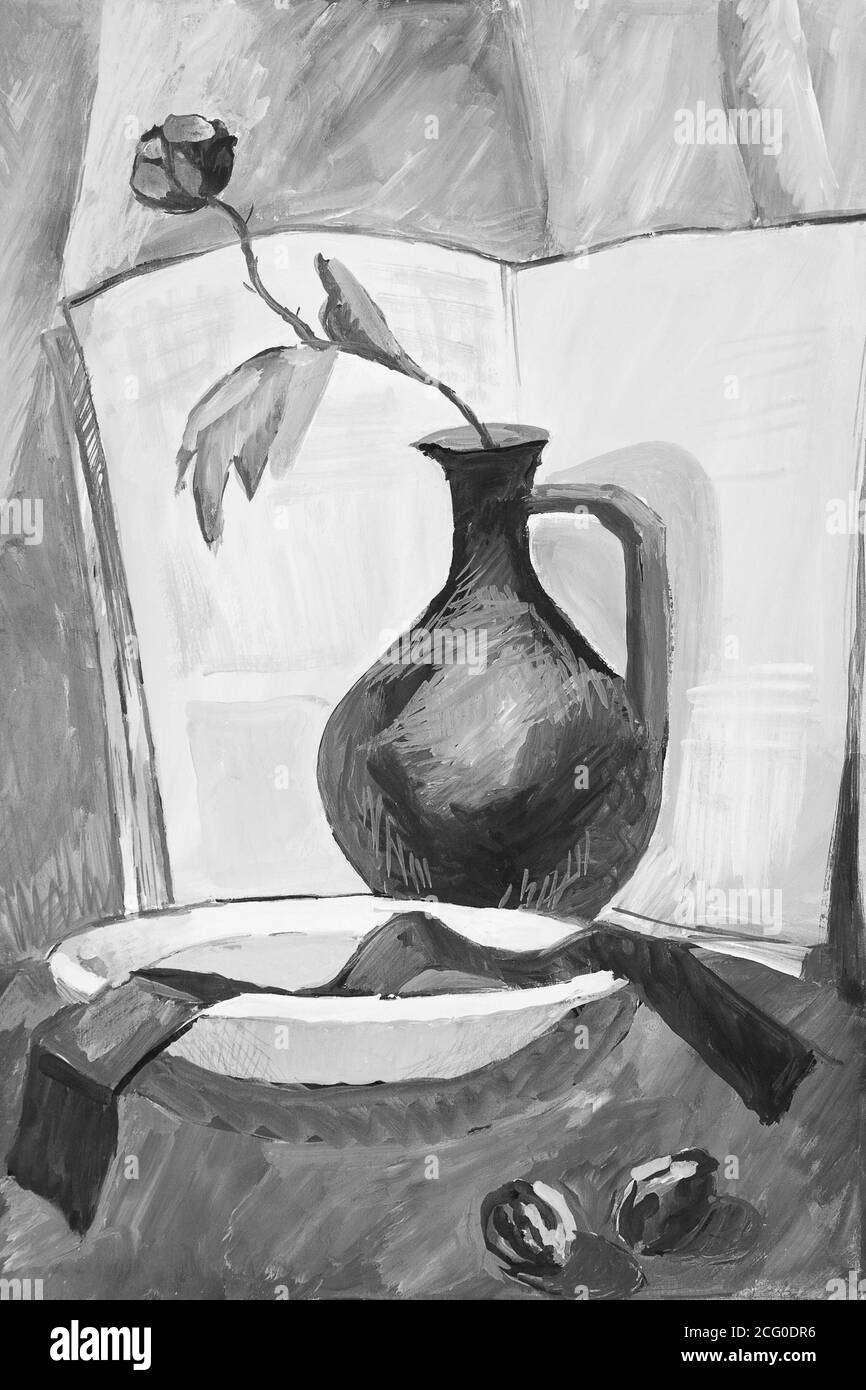 Stillleben mit einer Vase und einer Blume in monochromen Farben. Schwarz- Weiß-Abbildung Stockfotografie - Alamy