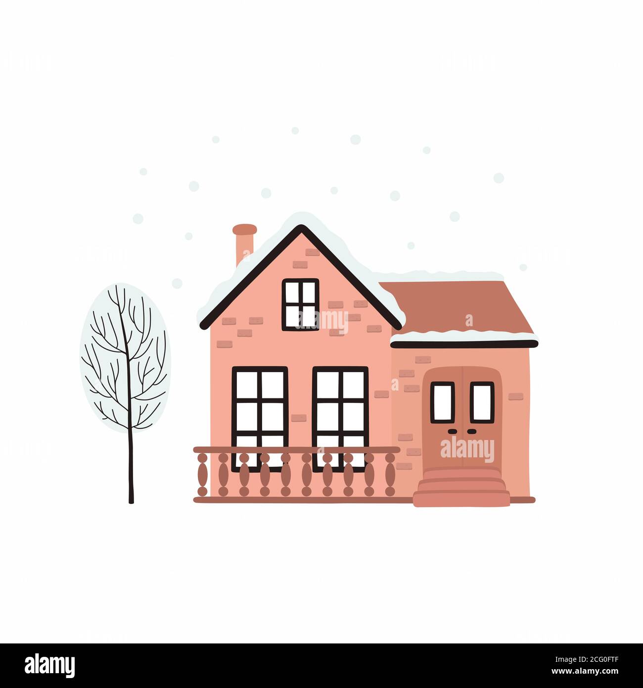 Cartoon Winterhaus. Vektor-Bild von einem Weihnachtshaus und Baum mit Schnee bedeckt. Stock Vektor