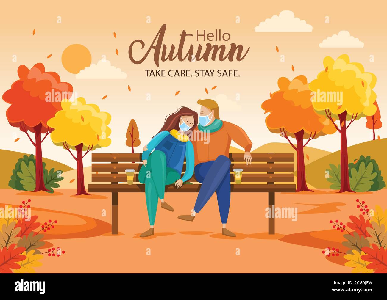 Nettes Paar sitzt auf der Bank. Hallo Herbst Vektor-Illustration mit schöner Landschaft. Covid Corona Virus Konzept Stock Vektor