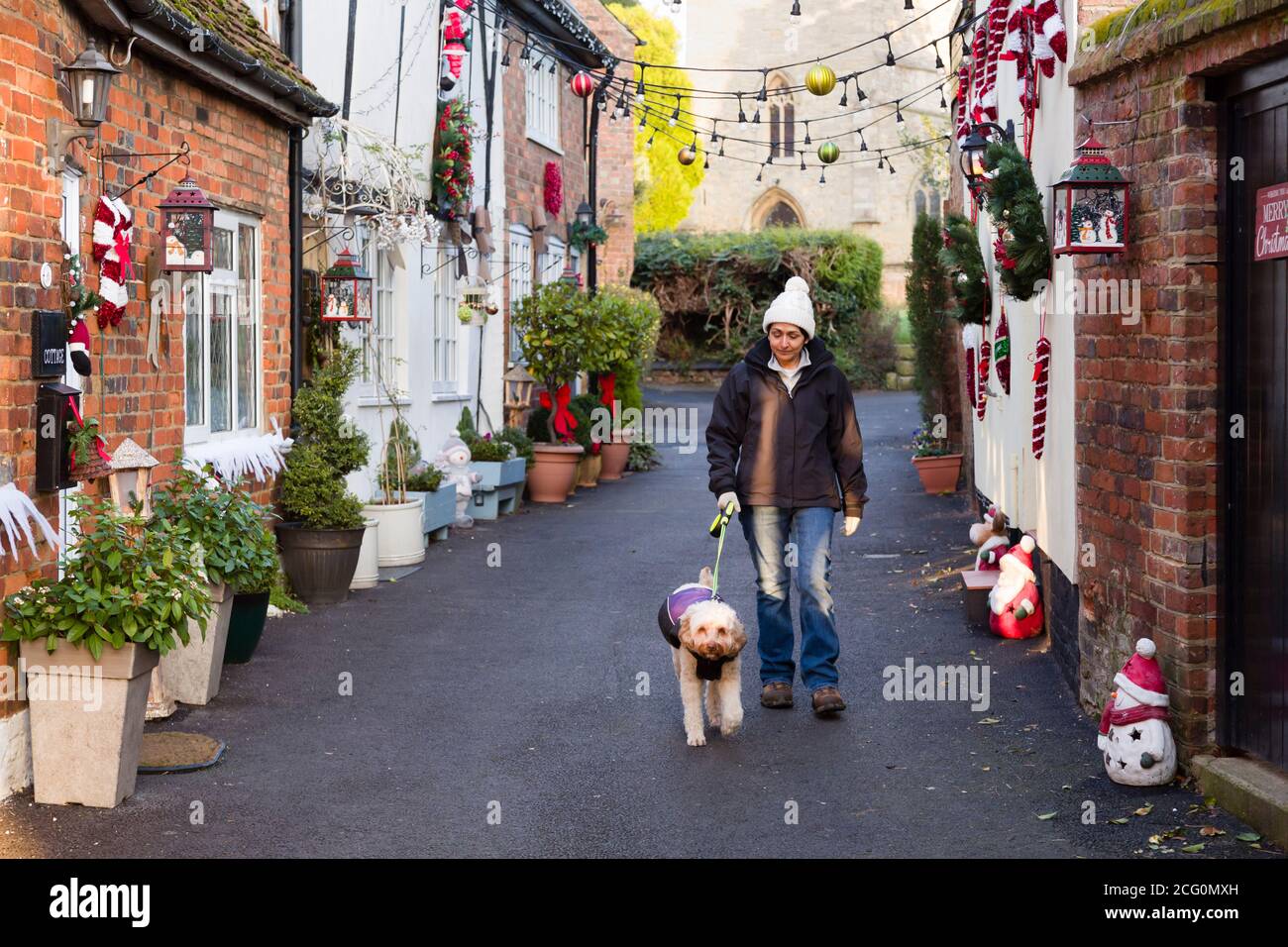 Britisch asiatisch indisch Frau Wanderhund an Weihnachten in ein Hübsche britische Straßenszene mit alten Hütten Stockfoto