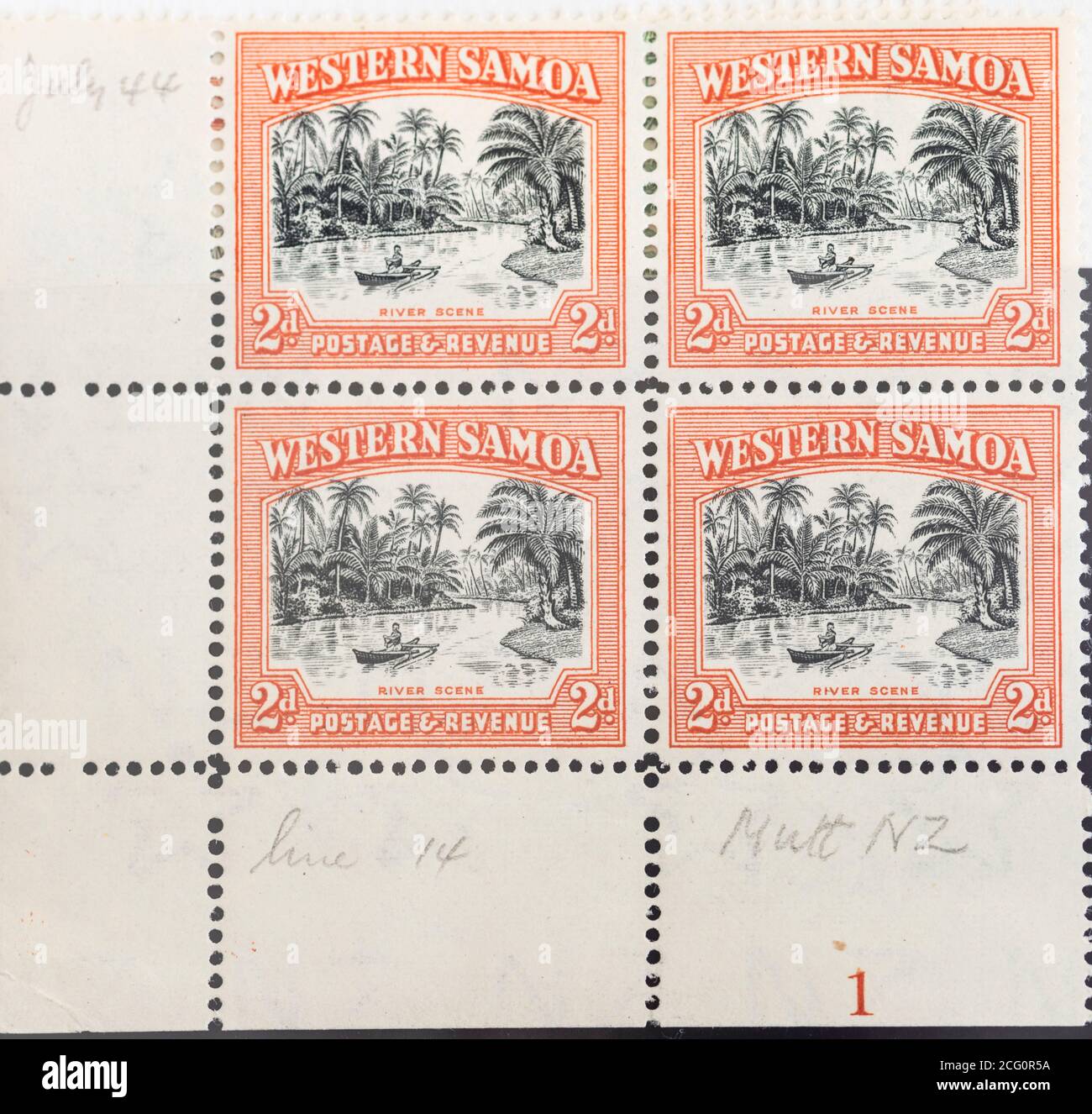 WESTERN Samoan Briefmarken - 1935 Bildausgabe - 2d Flussszene, Tafel Nr. 1 Stockfoto