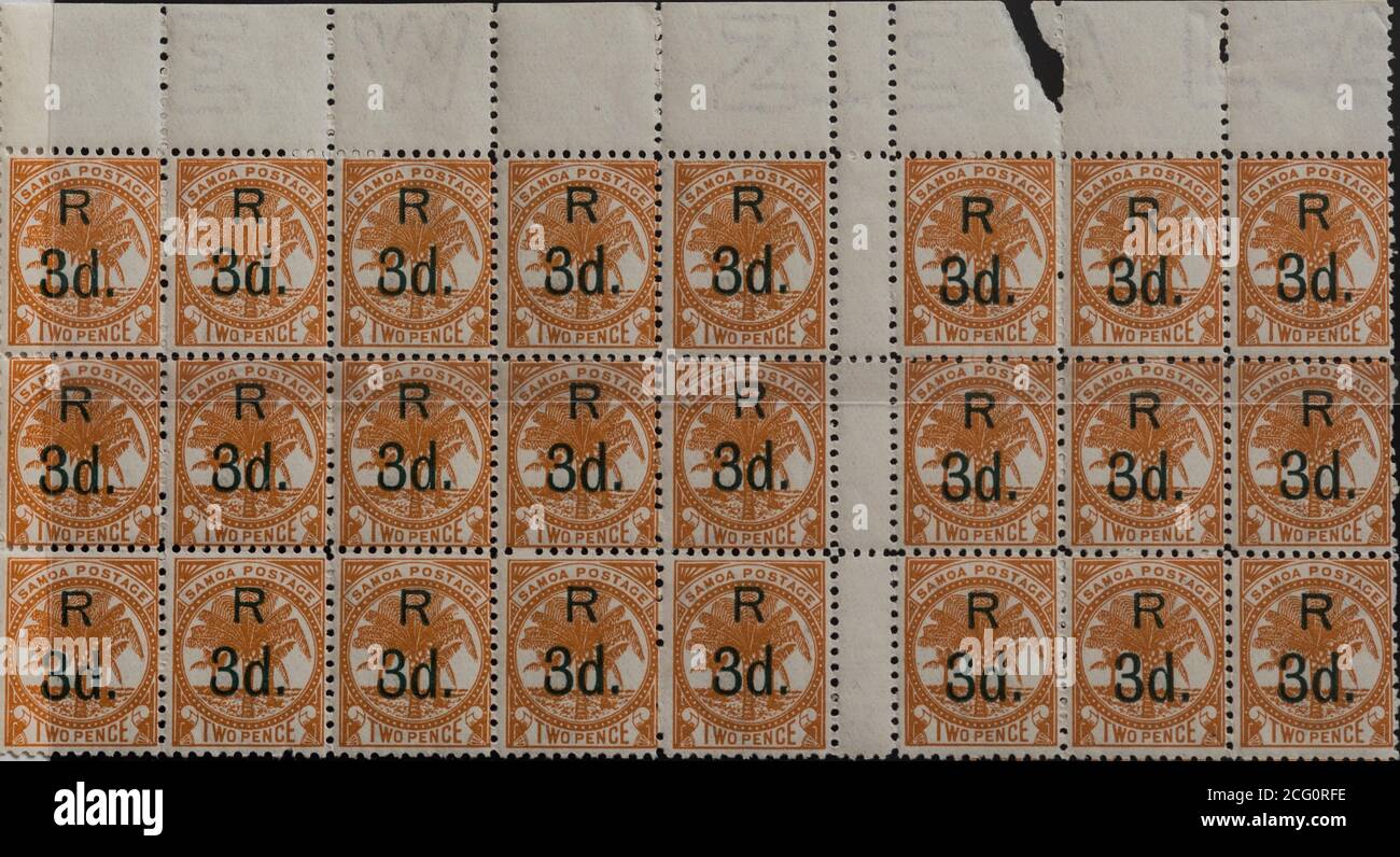 Samoa - John Davis Post Office - 1900 Perf 11 R3D Aufdruck auf zwei Pence Wert, Stempel aus beiden Scheiben Stockfoto