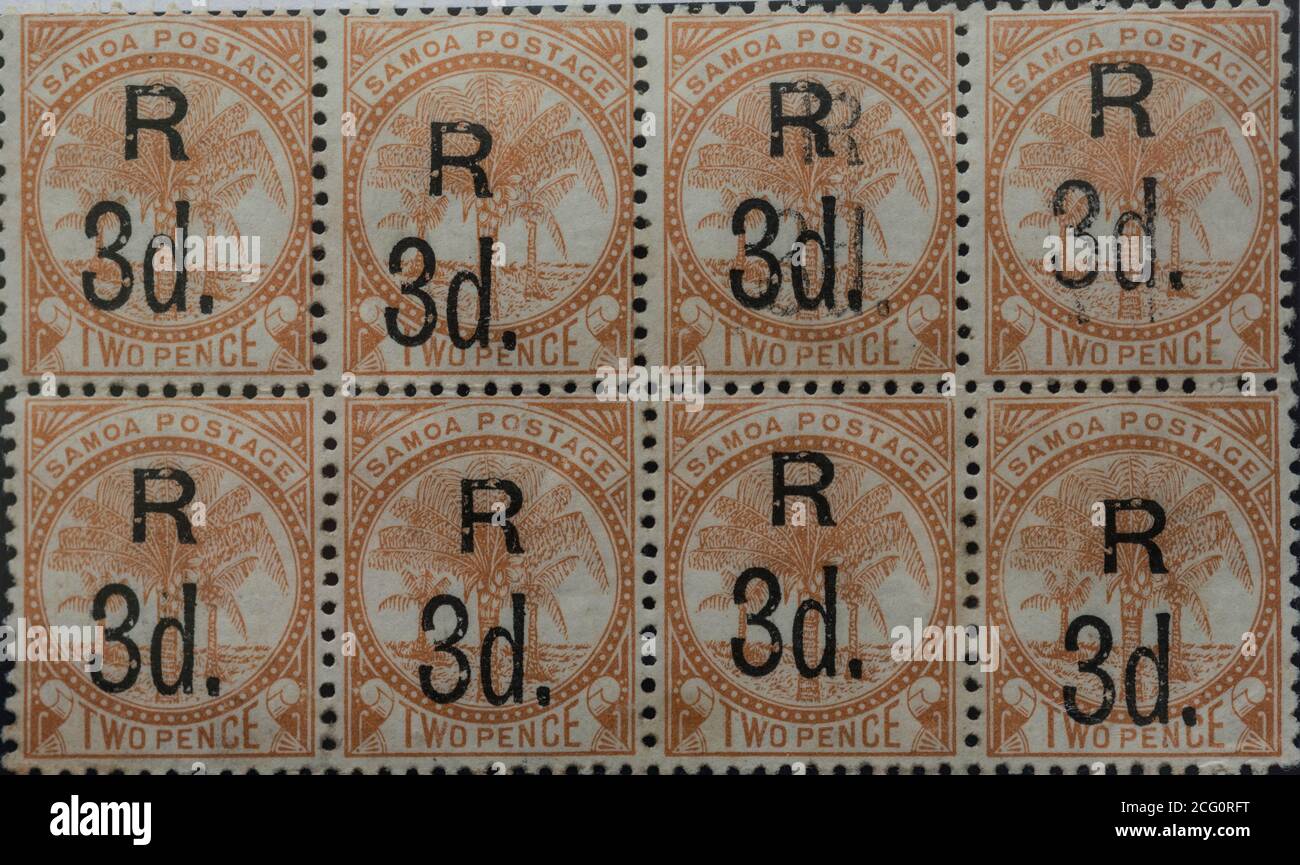 Samoa - John Davis Post Office - 1893 Perf 12x11 1/2 R3D-Überdruck auf zwei Pence-Wert Stockfoto