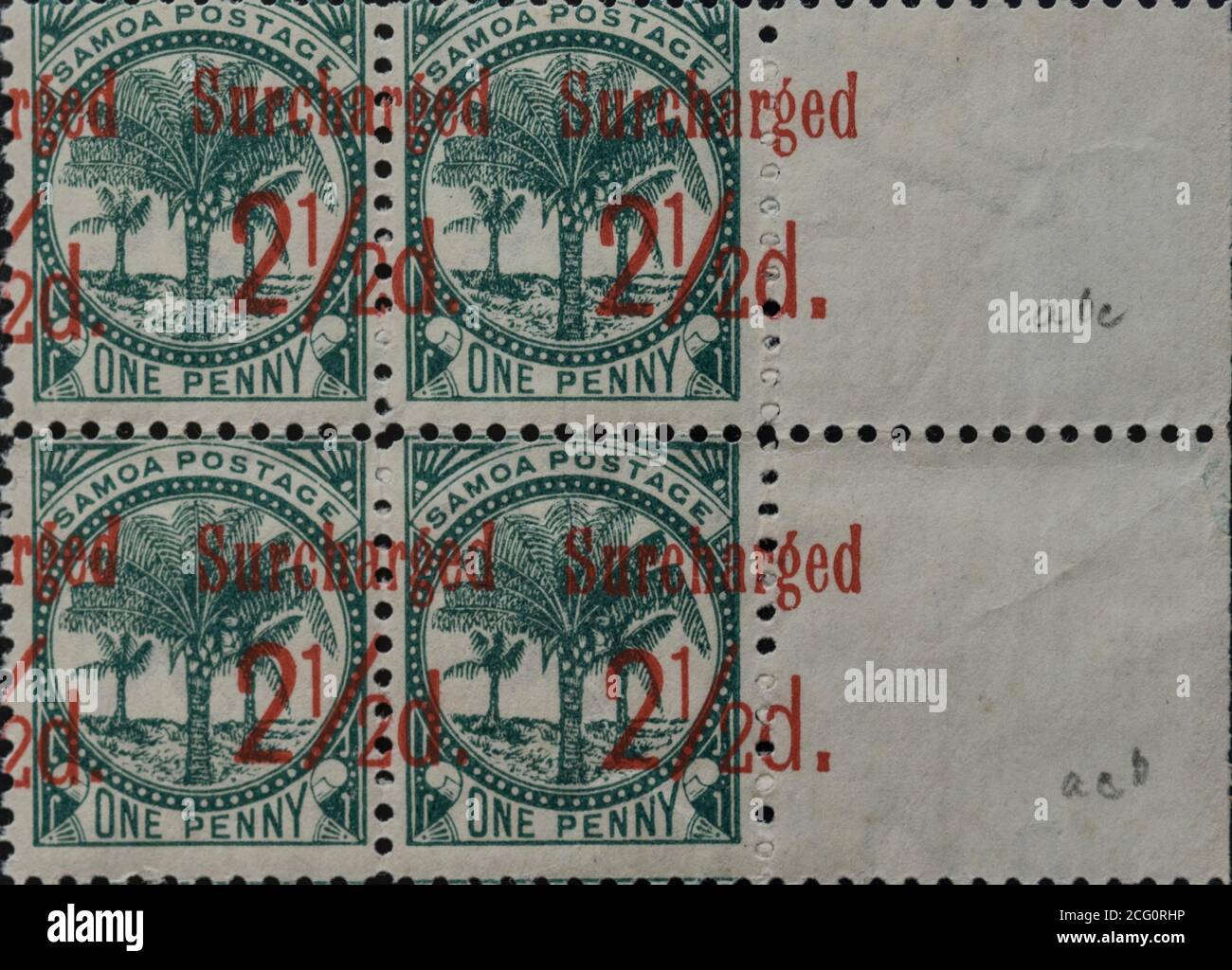 Samoa 1898 John Davis PO Overprinted Surcharged 2 1/2d Zoll Rot auf der 1-Cent-Marke Stockfoto