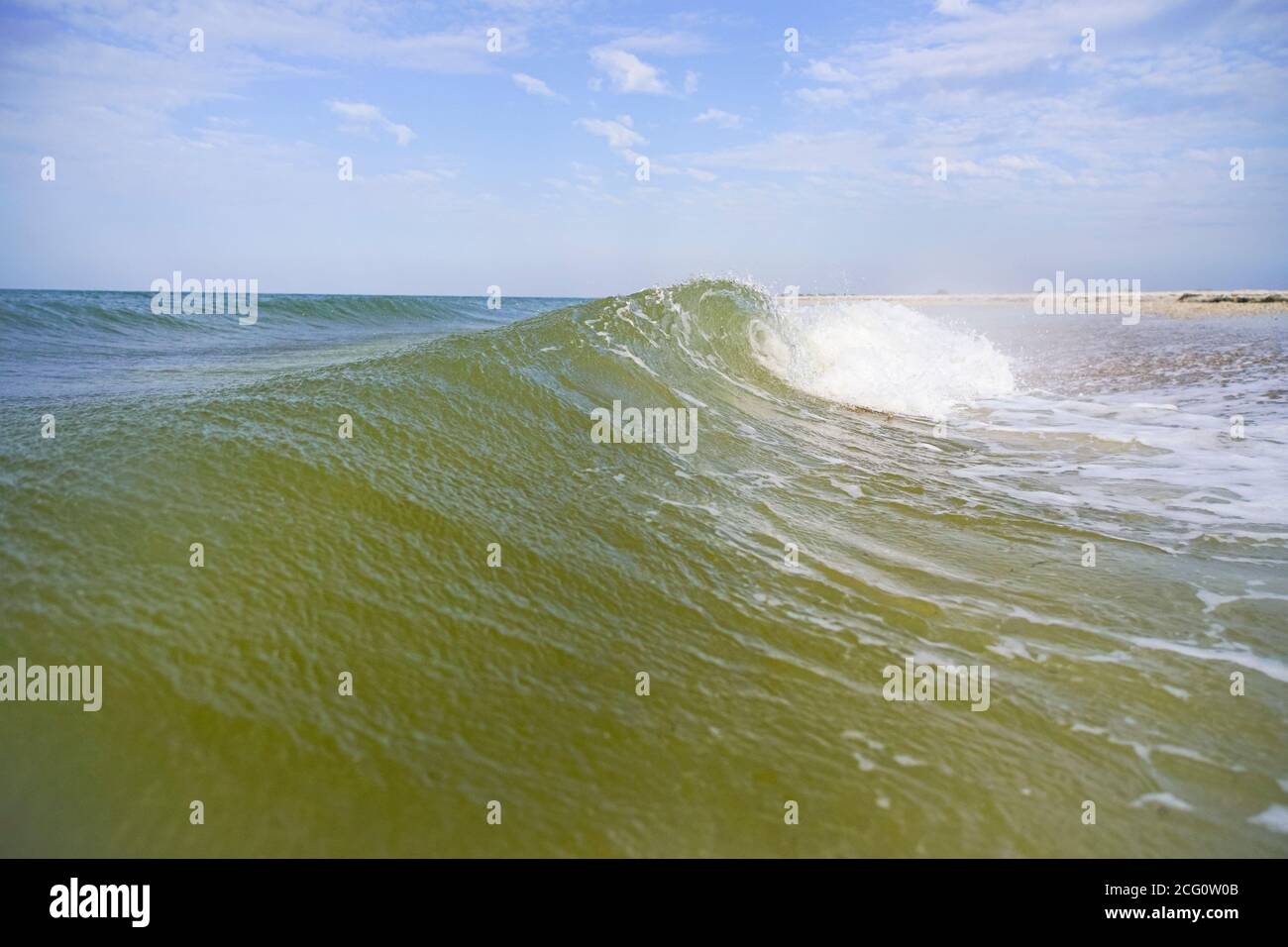 Eine azurblaue Meereswelle mit einem weißen Kamm läuft an Land. Stockfoto