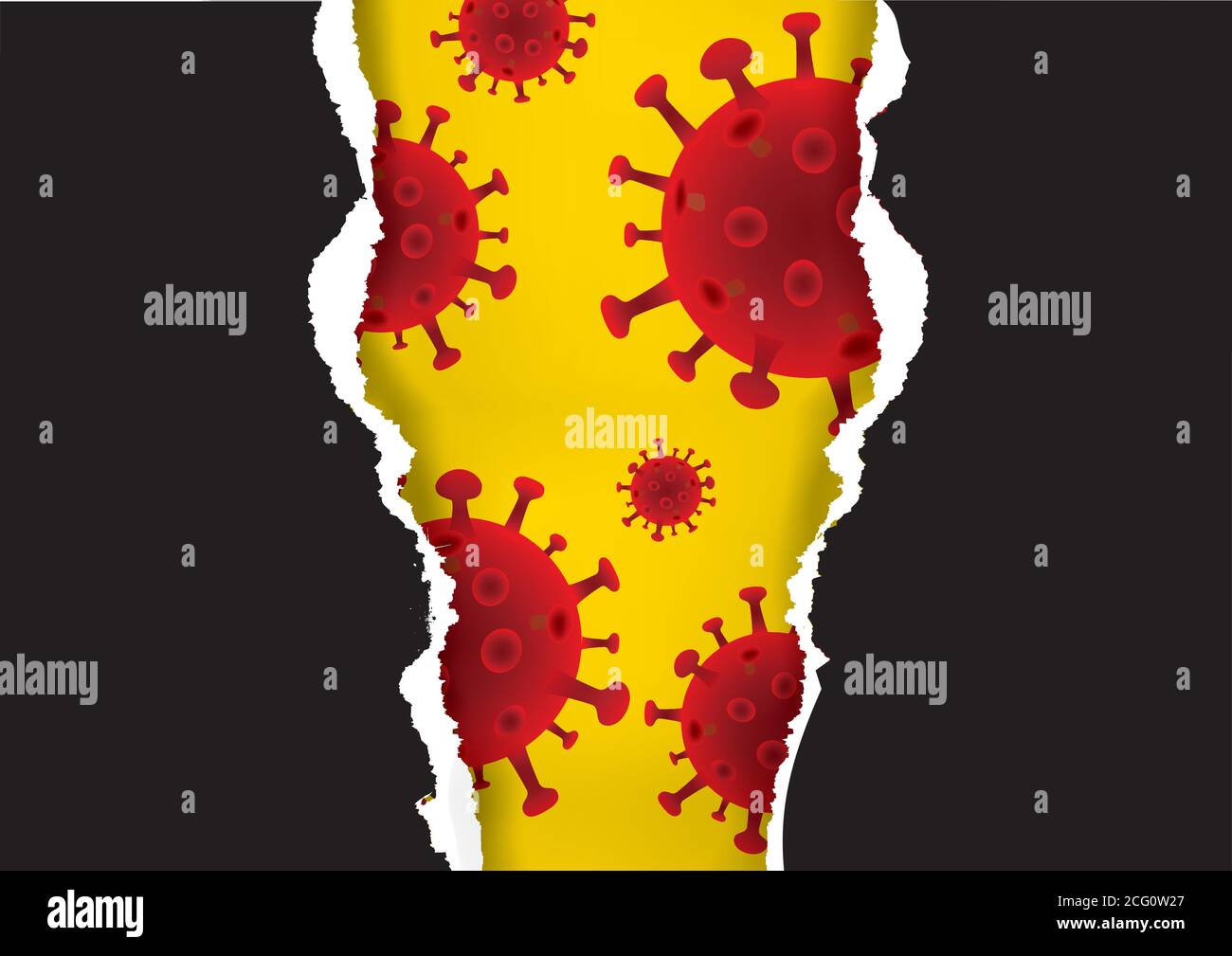 Zerrissenes Papier mit Coronavirus-Zeichen. Expressives Banner Vorlage für Ankündigung, schwarzes zerrissenes Papier. Platzieren Sie Ihren Text oder Ihr Bild. Vektor verfügbar Stock Vektor