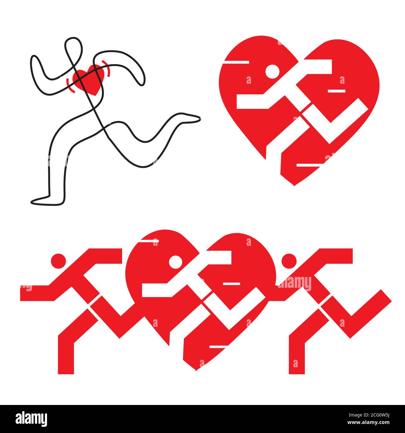 Laufen für ein gesundes Herz. Drei Illustrationen stilisierter Läufer mit Herz-Ikone. Vektor verfügbar. Stock Vektor