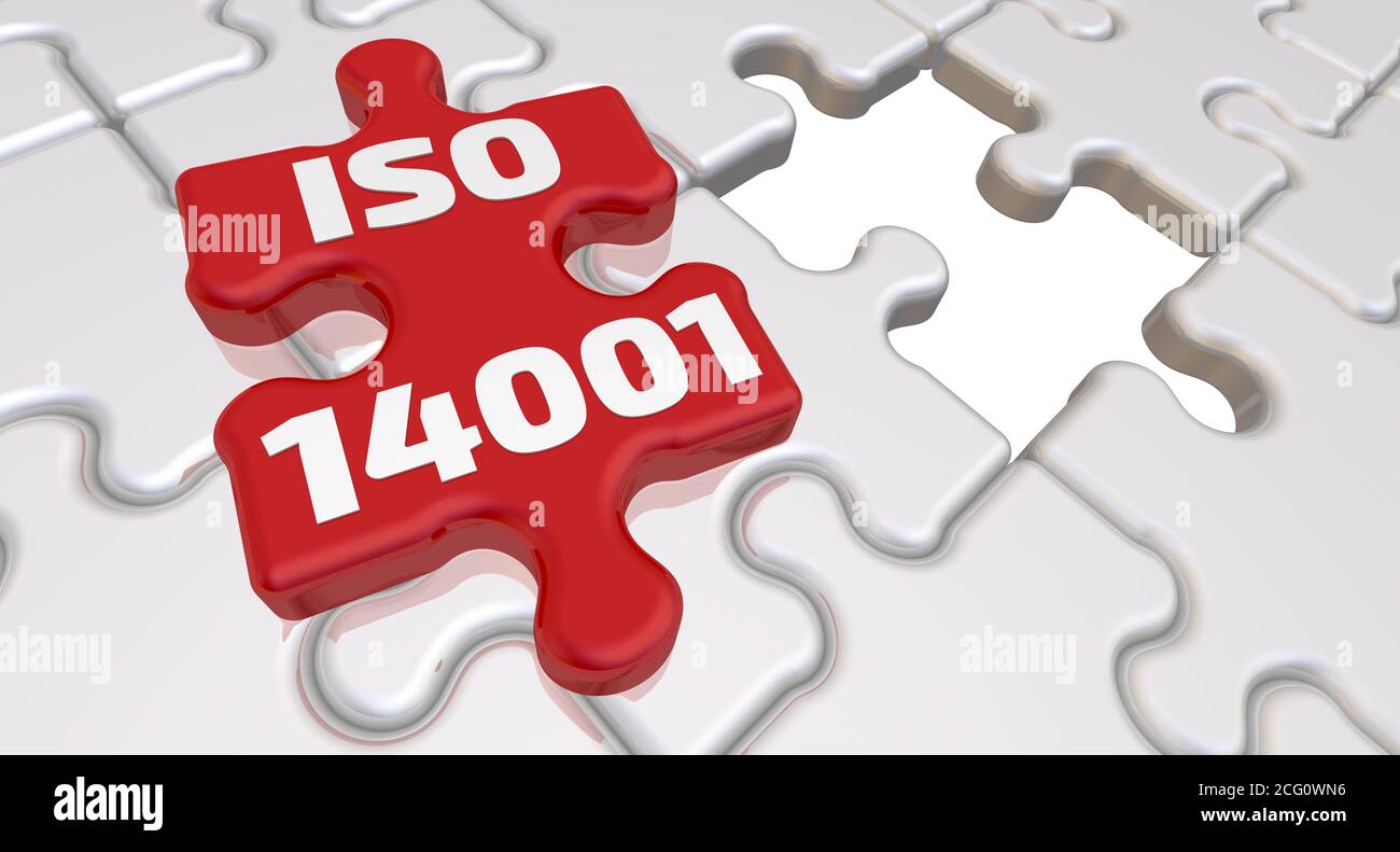 Gefaltete weiße Puzzlelemente und eine rote mit Text: ISO 14001 (ISO 14001 legt die Kriterien für ein Umweltmanagementsystem (EMS) fest) Stockfoto