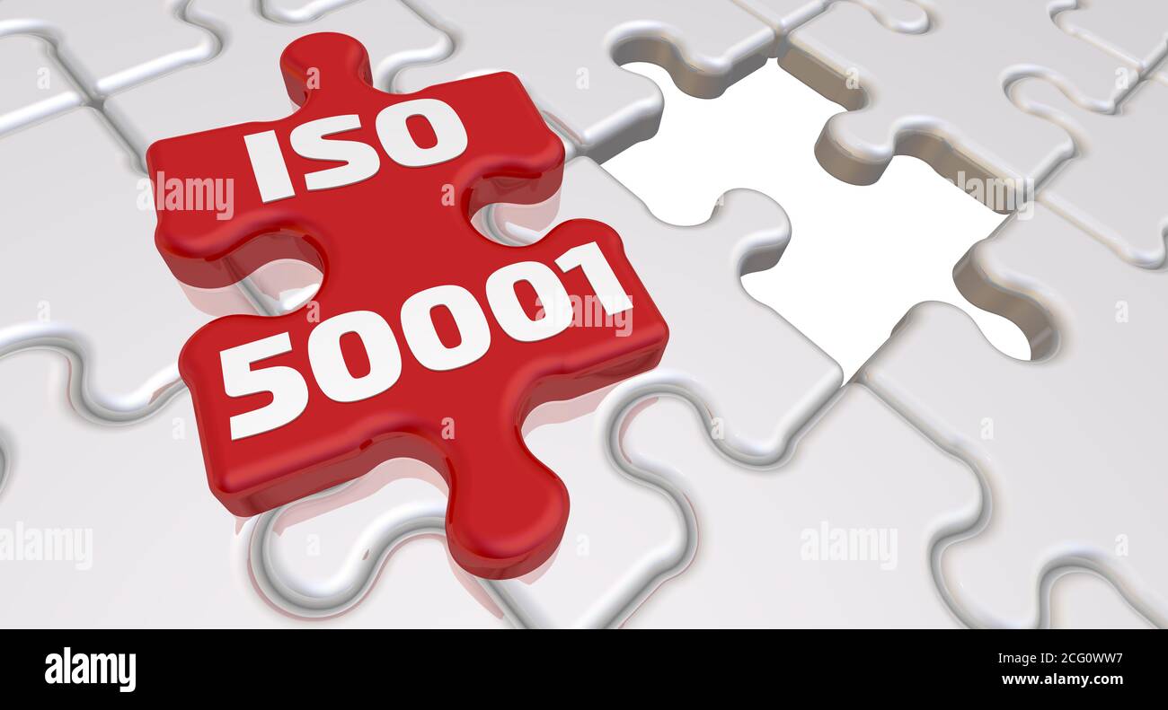 Gefaltete weiße Puzzlelemente und eine rote mit Text: ISO 50001 (Energiemanagementsysteme). 3D-Illustration Stockfoto