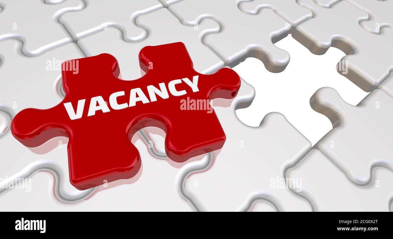 Freie Stelle. Die Inschrift auf dem fehlenden Element des Puzzles. Gefaltete weiße Puzzles Elemente und eine rote mit Wort VAKANZ. 3D-Illustration Stockfoto