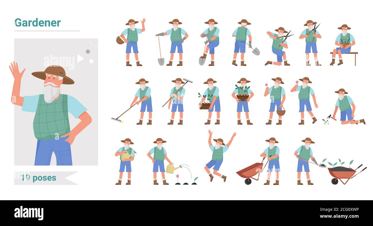 Gärtner arbeiten Posen Infografik Vektor Illustration Set. Cartoon
