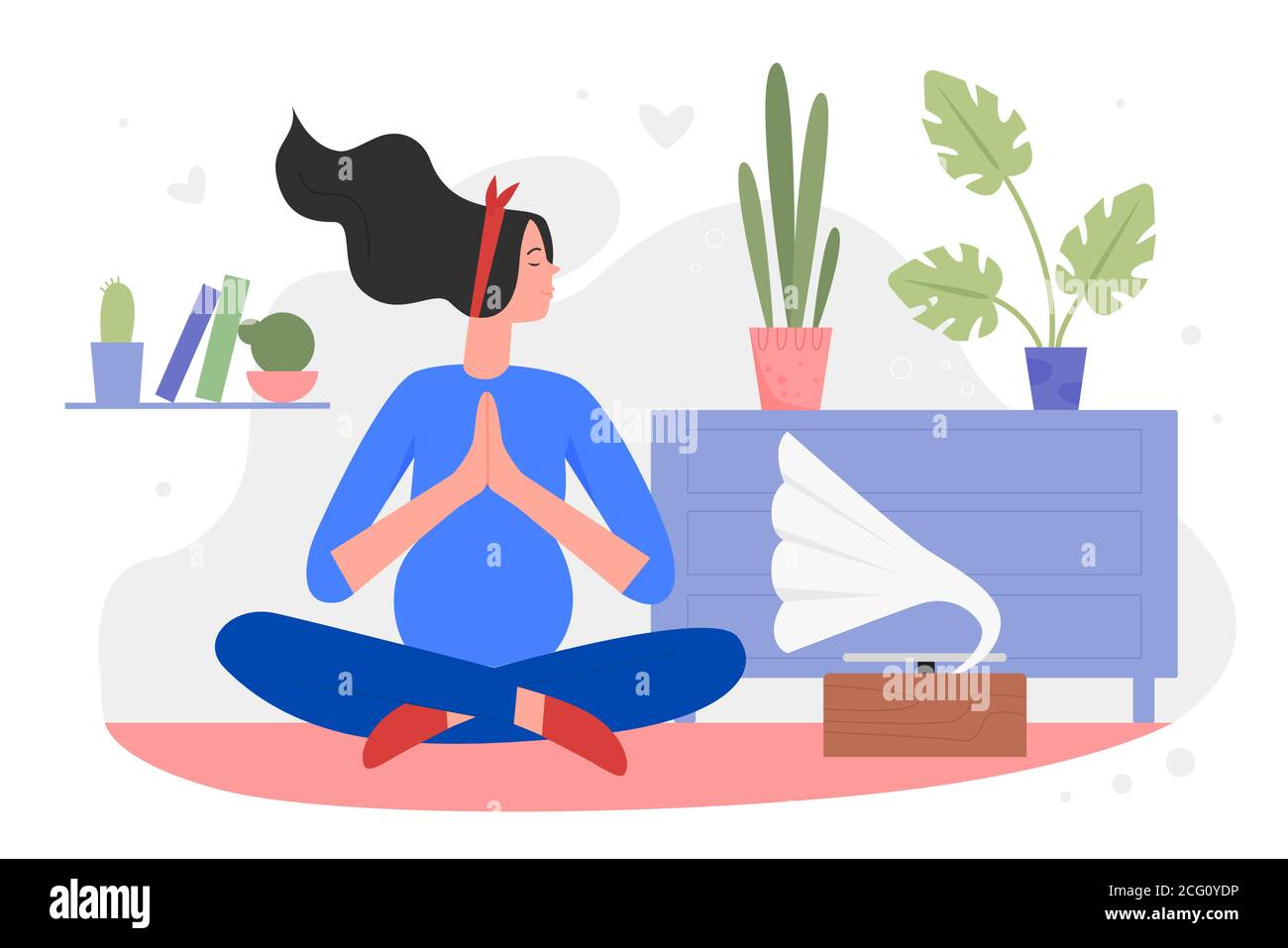 Schwangerschaft Meditation Yoga flache Vektor-Illustration. Cartoon schöne schwangere Frau Charakter entspannend, meditieren in Lotus Yoga Asana Pose, Musik hören in Wohnung Innenhintergrund Stock Vektor