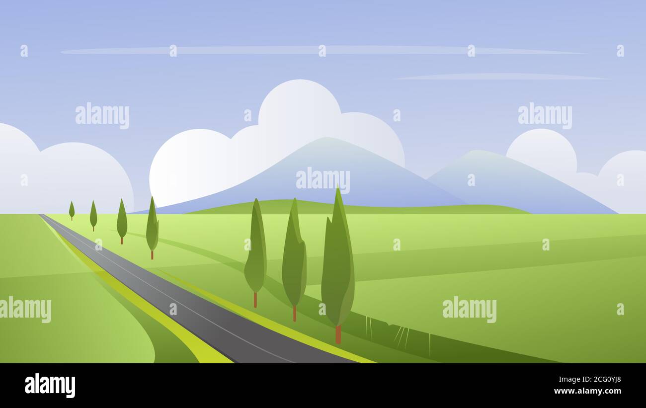 Sommer einfache ländliche Landschaft Vektorgrafik. Cartoon flache Sommerzeit Panorama-Naturfarmland mit leerer Asphaltstraße, die zum Horizont, wachsende Bäume am Straßenrand, landschaftlich reizvolle Natur Hintergrund Stock Vektor