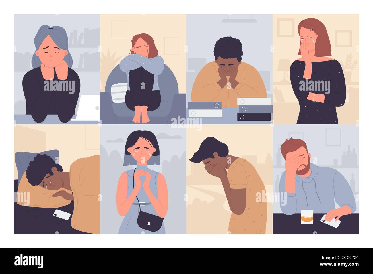 Personen in Depression VektorIllustrationsset. Cartoon Wohnung traurig