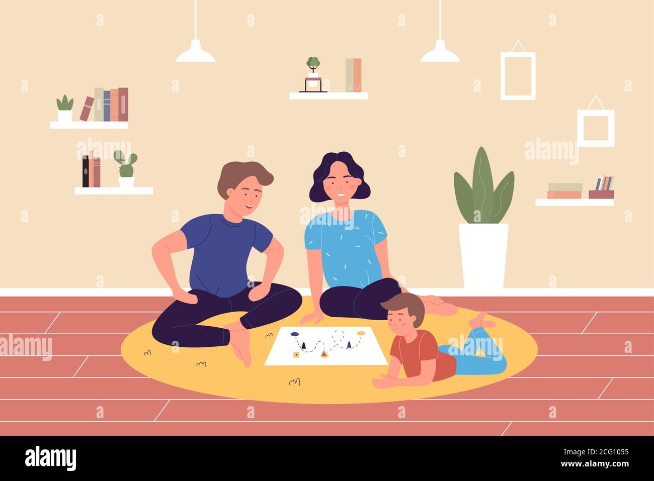 Familie spielen Brettspiel zu Hause Vektor-Illustration. Cartoon Eltern spielen mit Kind, Mutter Vater Charaktere mit Kind Sohn verbringen Zeit, Spiele zusammen, glücklich Elternschaft und Kindheit Hintergrund Stock Vektor