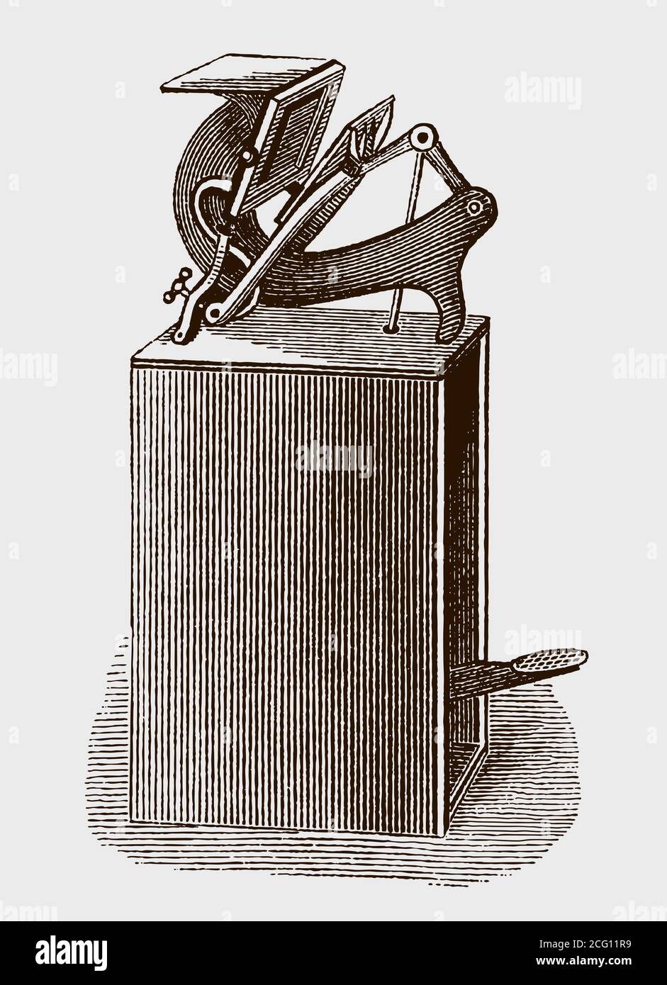 Antike Fuß-Power-Druckmaschine auf Holzständer, in drei Viertel Vorderansicht nach einem Stich aus dem 19. Jahrhundert Stock Vektor