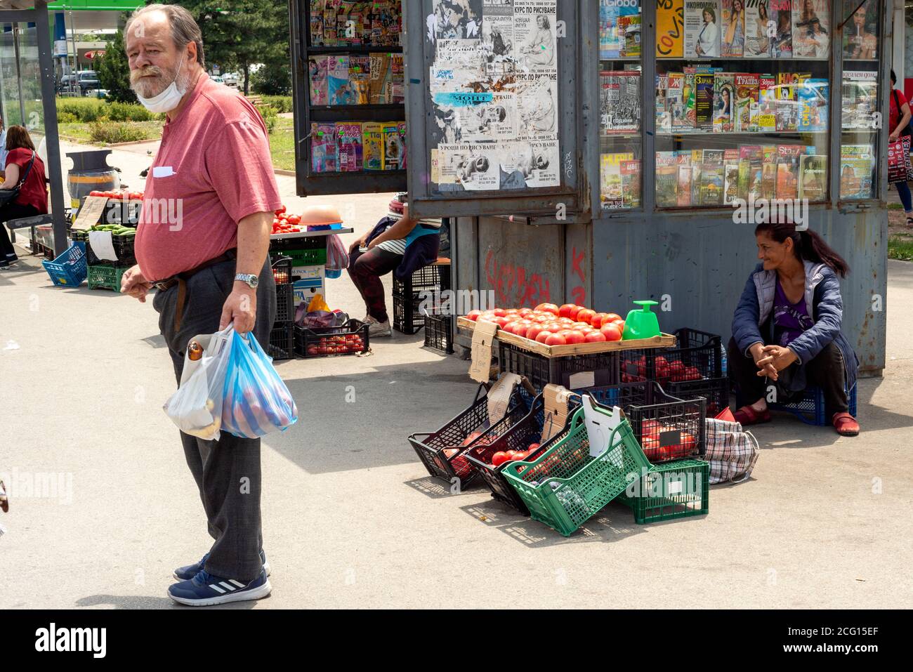 Zigeunerfrau, weibliche Straßenverkäuferin, die Tomaten an einem Verkaufsstand an einer Bushaltestelle in Sofia verkauft, Bulgarien als illegaler Handel in der städtischen Umwelt, Osteuropa, Balkan, EU Stockfoto