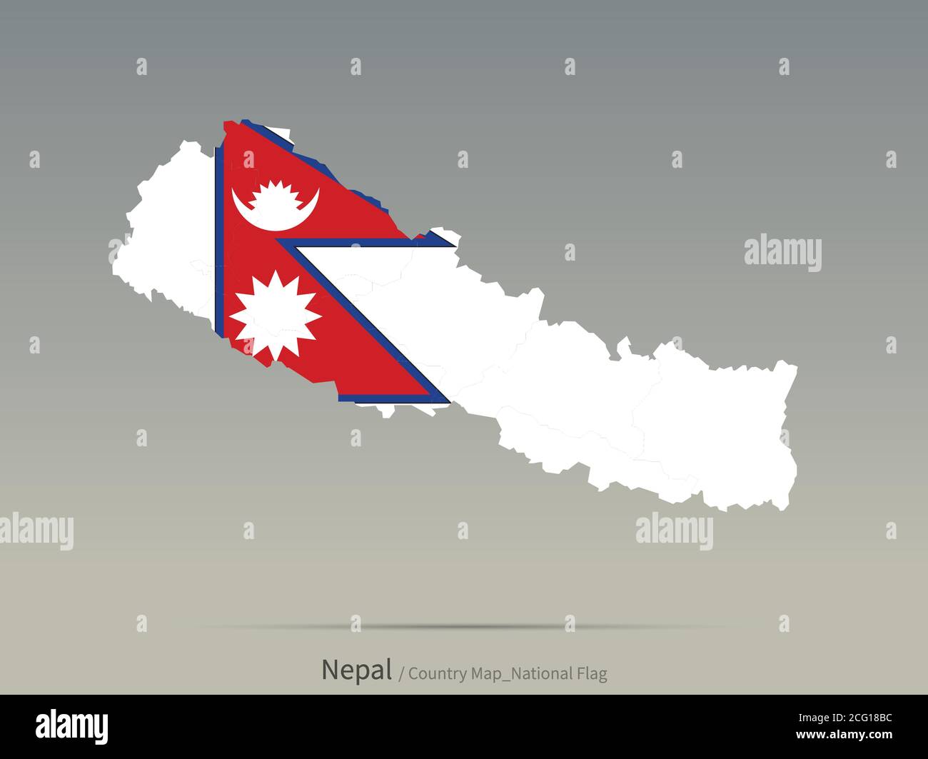 Nepal Flagge isoliert auf Karte. Asiatische Länder Karte und Flagge. Stock Vektor