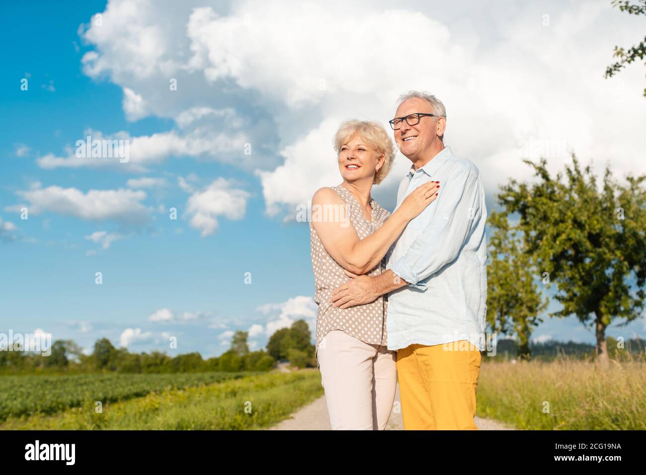Seniorenpaar im Sommer Landschaft Blick in die Zukunft zusammen Stockfoto