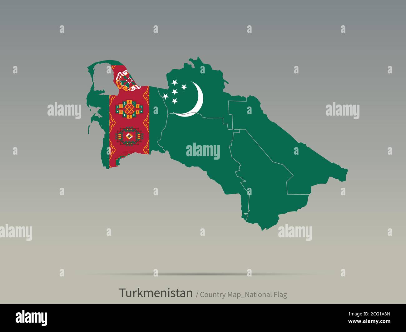 Turkmenistan Flagge isoliert auf Karte. Zentralasiatische Länder Karte und Flagge. Stock Vektor