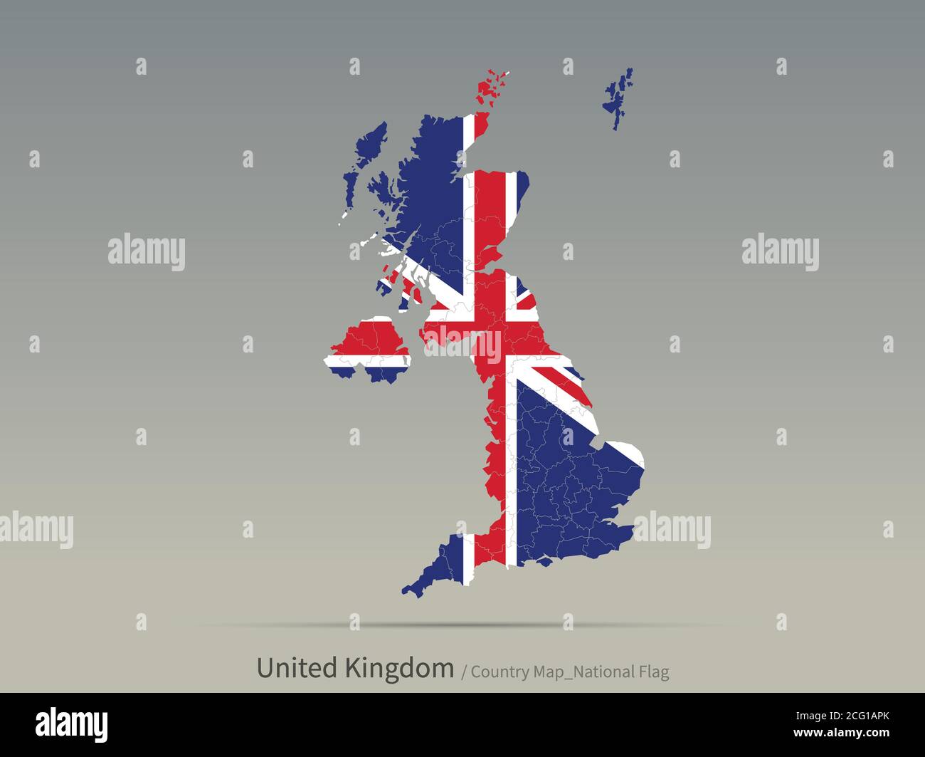 Britische Flagge isoliert auf Karte. Europäische Länder Karte und Flagge. Stock Vektor