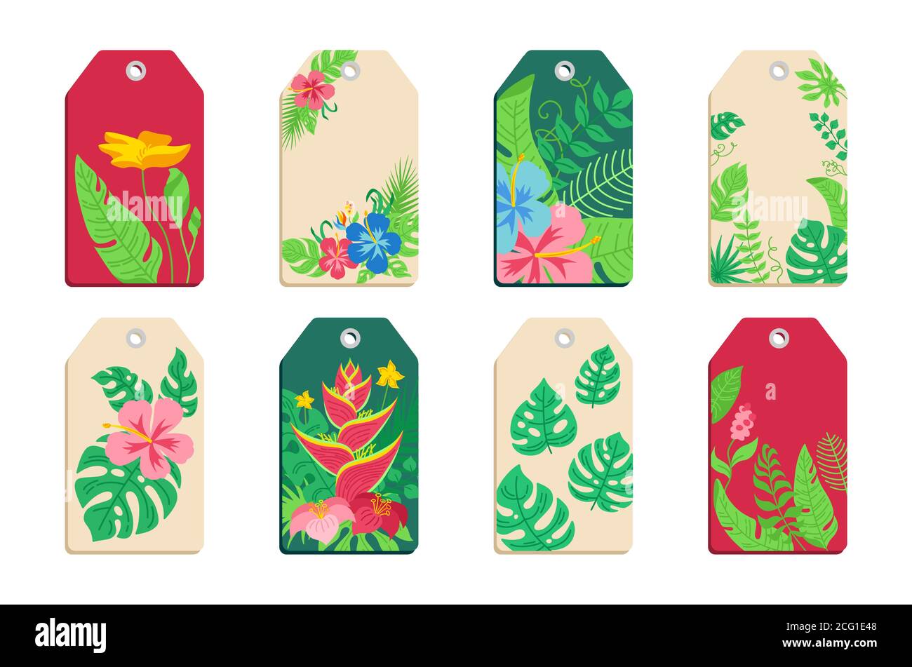 Tags tropische Blätter und Blumen Cartoon-Set. Exotische Pflanzen, Blumenaufkleber. Monstera, Palmen und wilde flache Blumen. Hawaiian Label-Kollektion, handgezeichneter grüner Dschungel. Vektorgrafik Stock Vektor