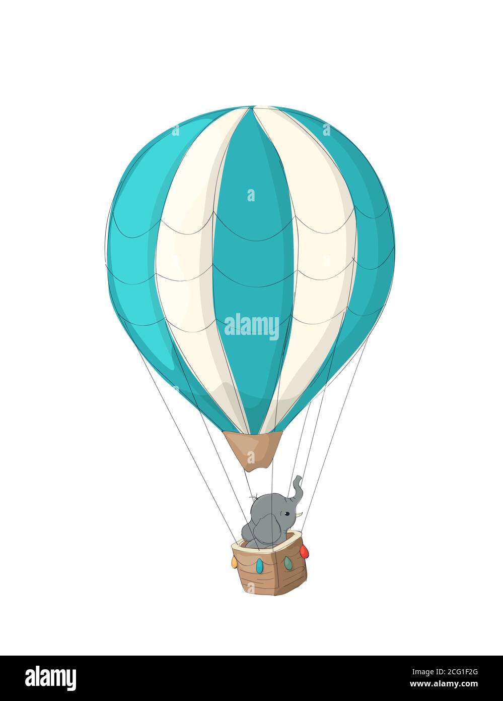 Kleiner Elefant in seinem Heißluftballon, Vektor-Karikatur Stock Vektor