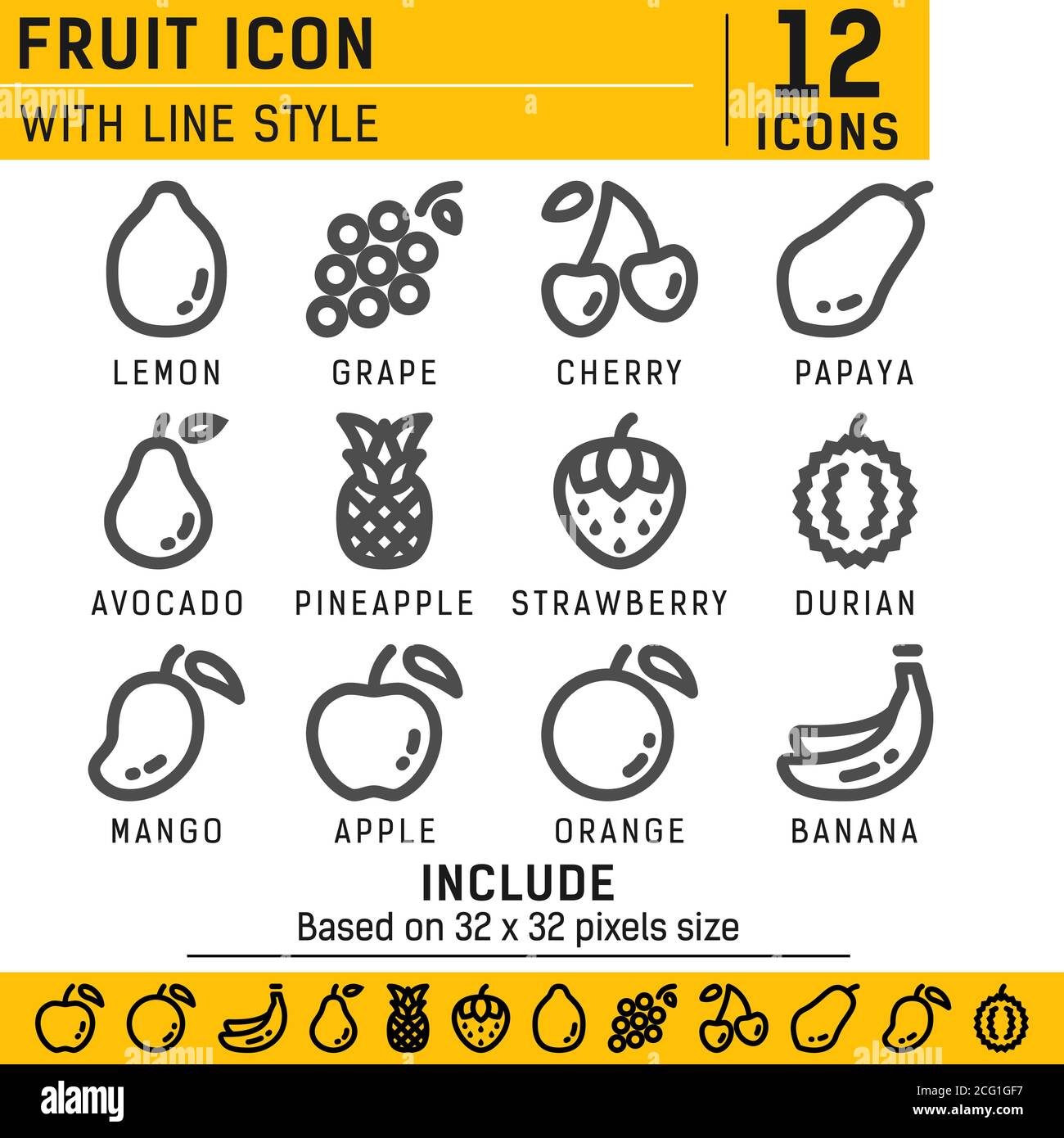 Frucht-Icon-Set mit Linienstil auf weißem Hintergrund. Obst Vektor Icon Set, Kirsche, Apfel, Erdbeere, Banane und andere mit Umriss-Stil Stock Vektor