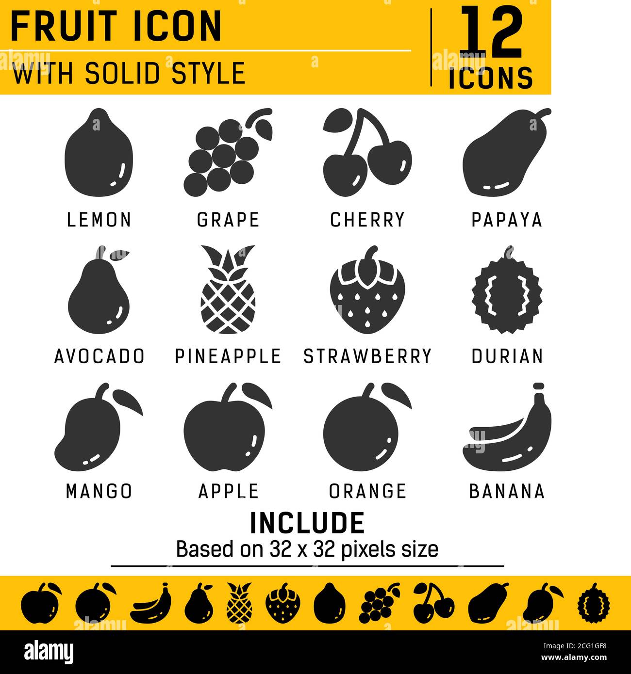 Obst-Icon-Set mit einfarbigen Stil in isolierten weißen Hintergrund. Obst Vektor Icon Set, Kirsche, Apfel, Erdbeere, Banane und andere mit soliden Stil Stock Vektor