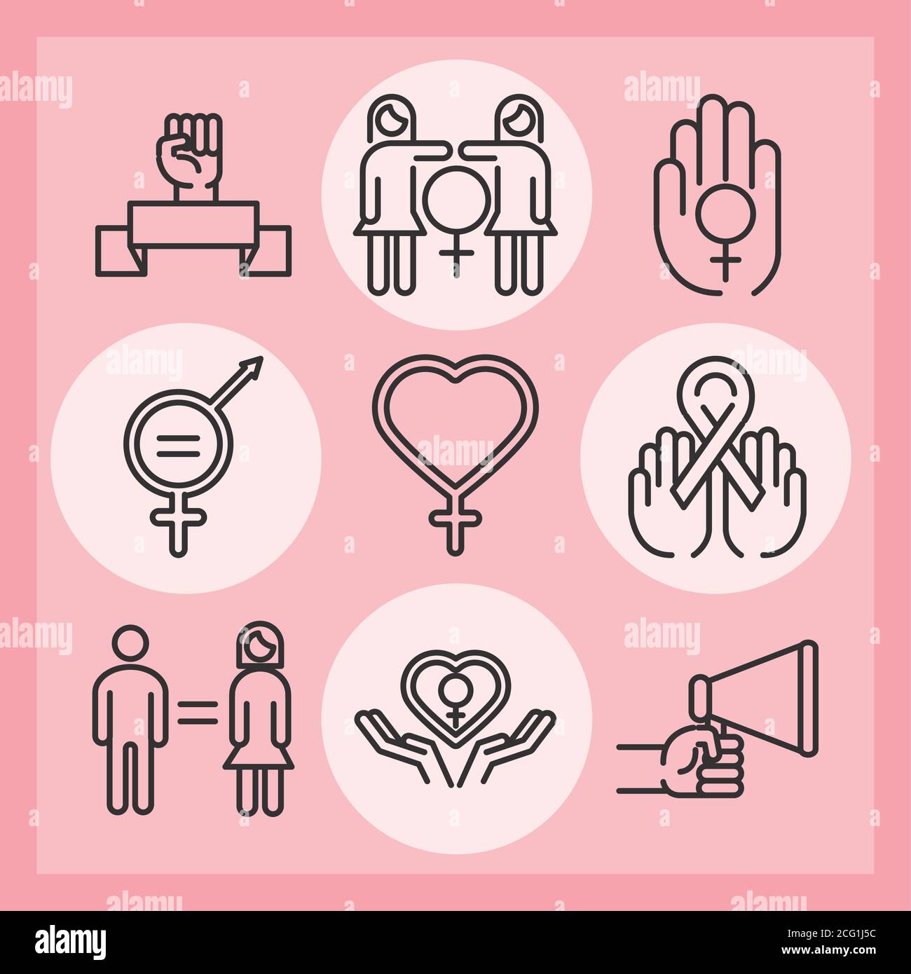 Feminismus Bewegung Symbol, weibliche Rechte Piktogramm Linie Symbole Pack Vektor Illustration Stock Vektor