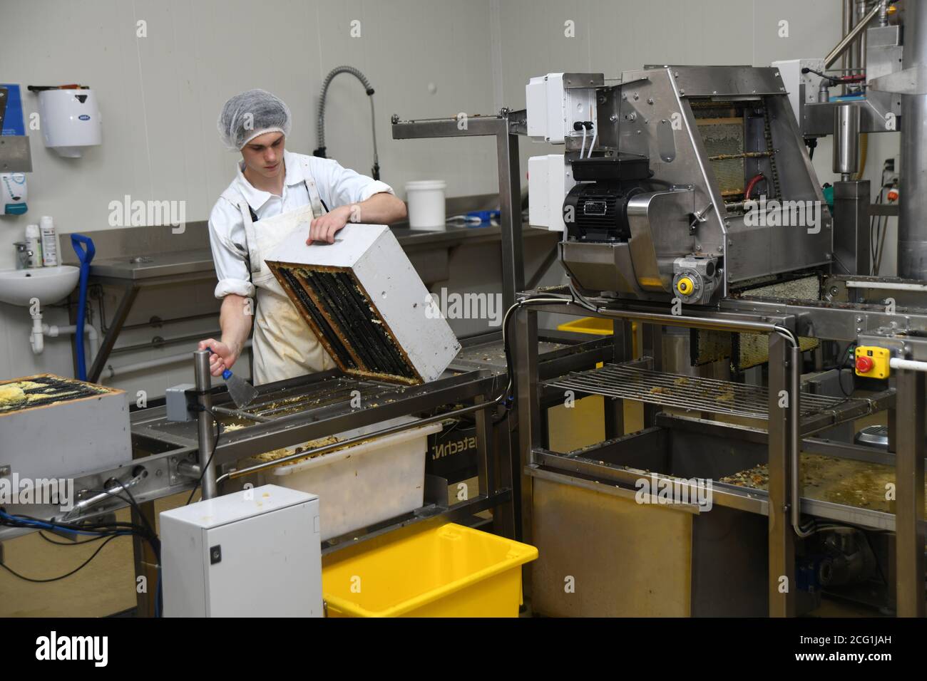 GREYMOUTH, NEUSEELAND, 10. DEZEMBER 2019: Ein Arbeiter reinigt Bienenboxen von der Wabe, bevor er die Rahmen trennt, um durch den Abzieher zu gehen. Stockfoto