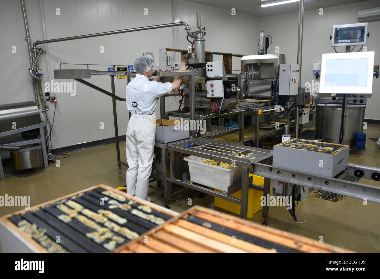 GREYMOUTH, NEUSEELAND, 10. DEZEMBER 2019: Ein Arbeiter füttert Rahmen von den Bienenstöcken durch den Extraktor. Stockfoto