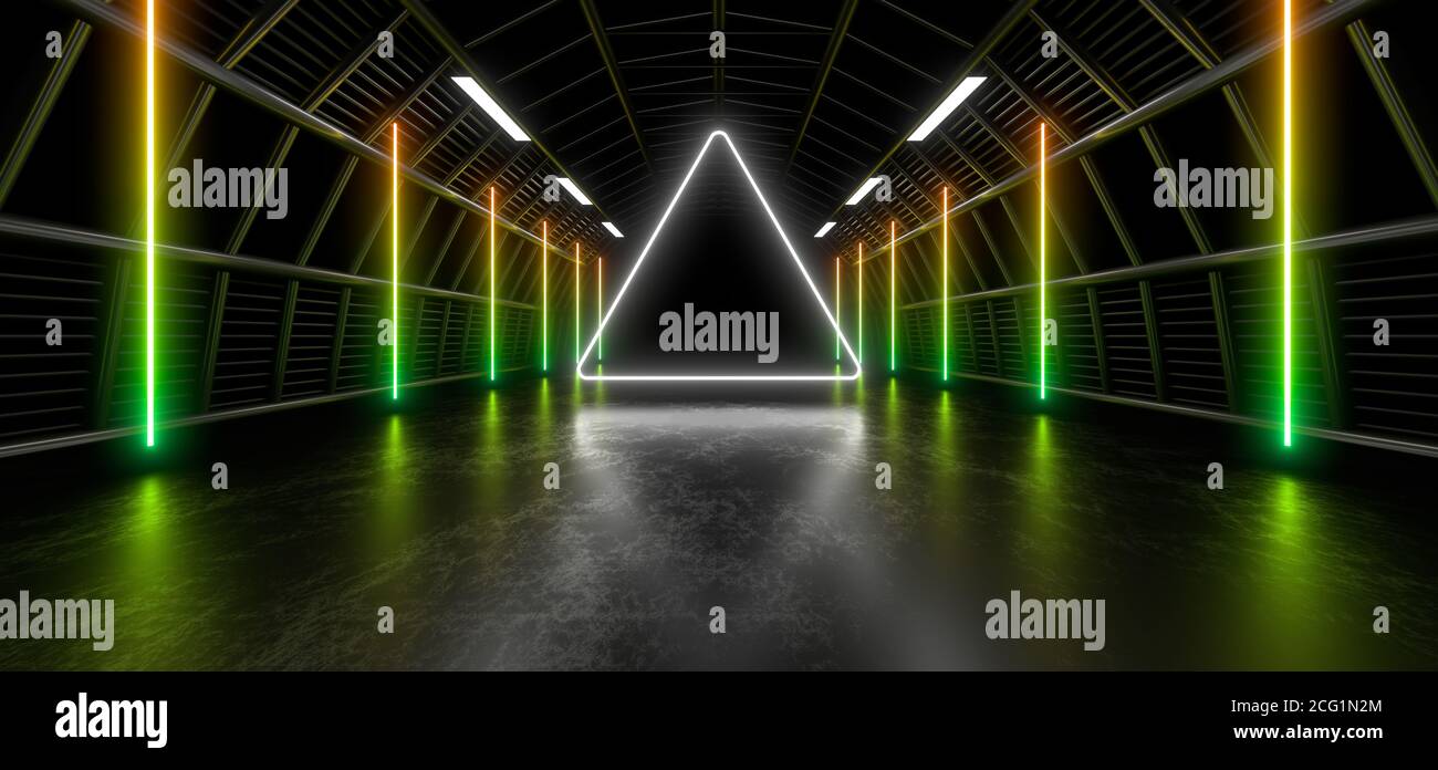 Ein dunkler Tunnel aus Rohren, der von weißen Neonlichtern und Lampen beleuchtet wird. Verschwommene Spiegelung auf dem Boden. 3d-Rendering-Bild. Stockfoto