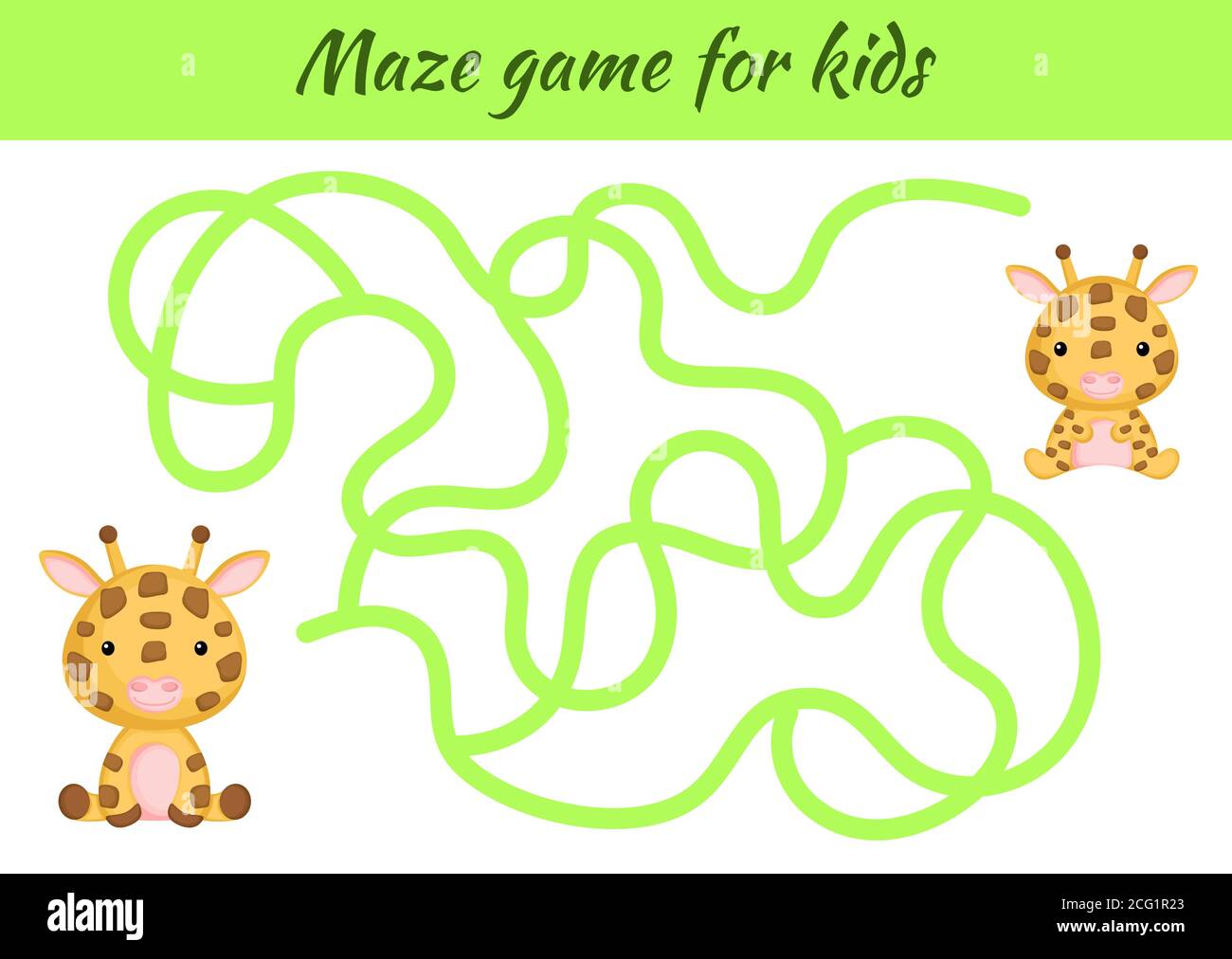 Lustige Labyrinth oder Labyrinth-Spiel für Kinder. Helfen Sie der Mutter, den Weg zum Baby zu finden. Arbeitsblatt zur Entwicklung von Schulungen. Aktivitätsseite. Cartoon Giraffe Figuren. Stock Vektor